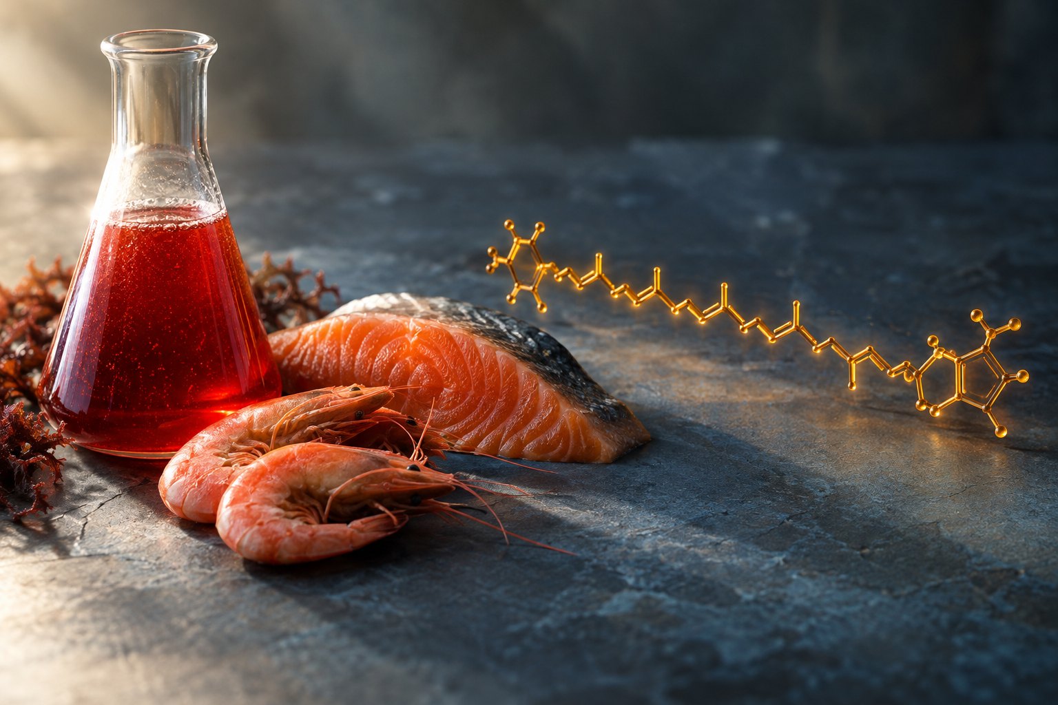Kırmızı mikroalg kültürü, karides ve somon ile yanında uzanan ışıldayan karotenoid molekül zinciri