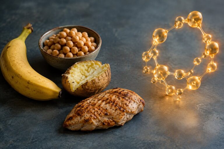 Muz, nohut, patates ve tavuk ile yanında yükselen ışıldayan B6 vitamini molekül yapısı