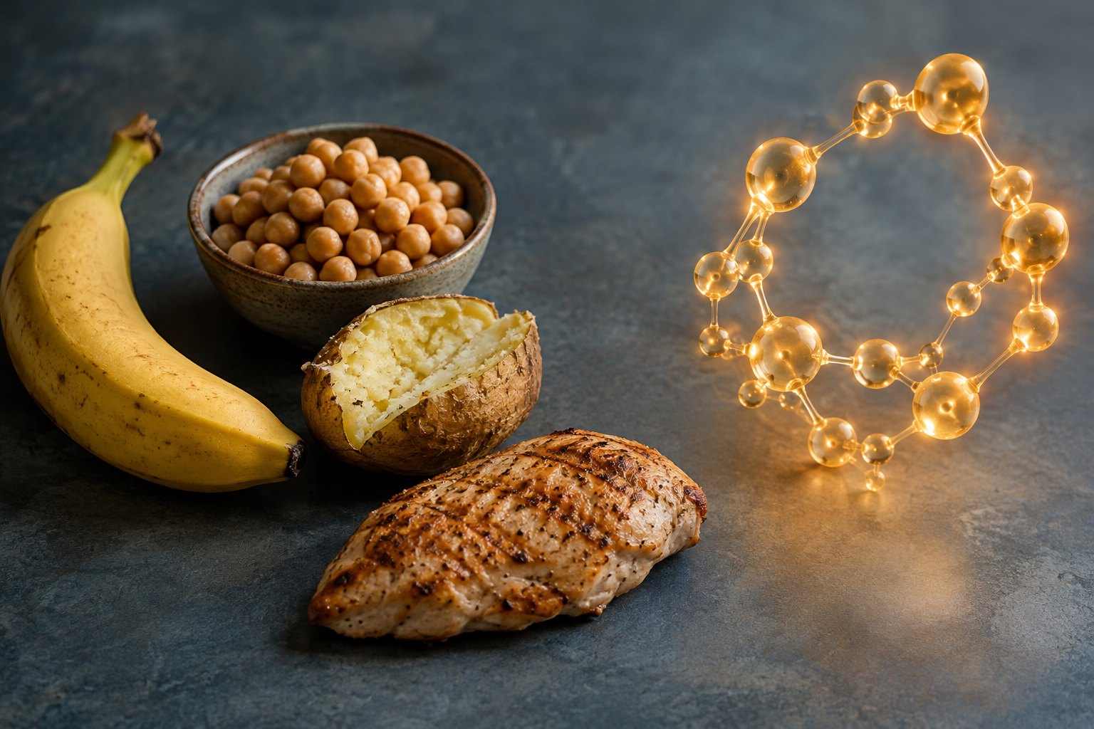 Muz, nohut, patates ve tavuk ile yanında yükselen ışıldayan B6 vitamini molekül yapısı
