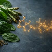 Ispanak, kuşkonmaz ve mercimek ile yanında dönüşen ışıldayan folat molekül yapısı