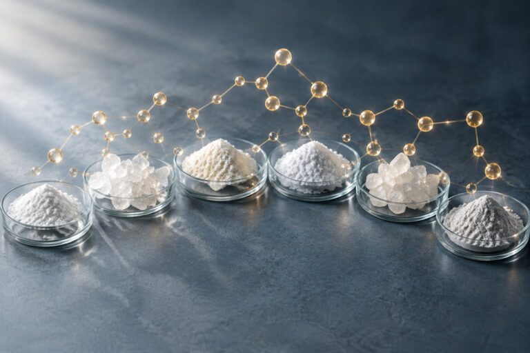 Farklı magnezyum formlarını simgeleyen altı cam kapta mineral tozları ve aralarını bağlayan ışıldayan molekül ağı