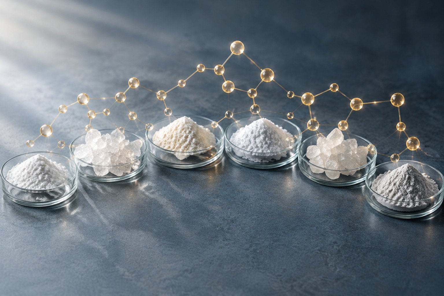 Farklı magnezyum formlarını simgeleyen altı cam kapta mineral tozları ve aralarını bağlayan ışıldayan molekül ağı