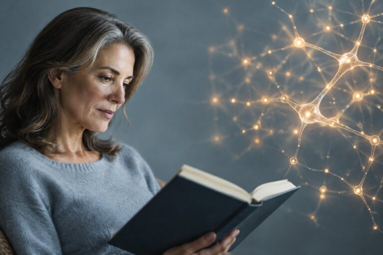 Kitap okuyan bir kadın ve yanında sinaps bağlantılarını simgeleyen ışıldayan amber ağ