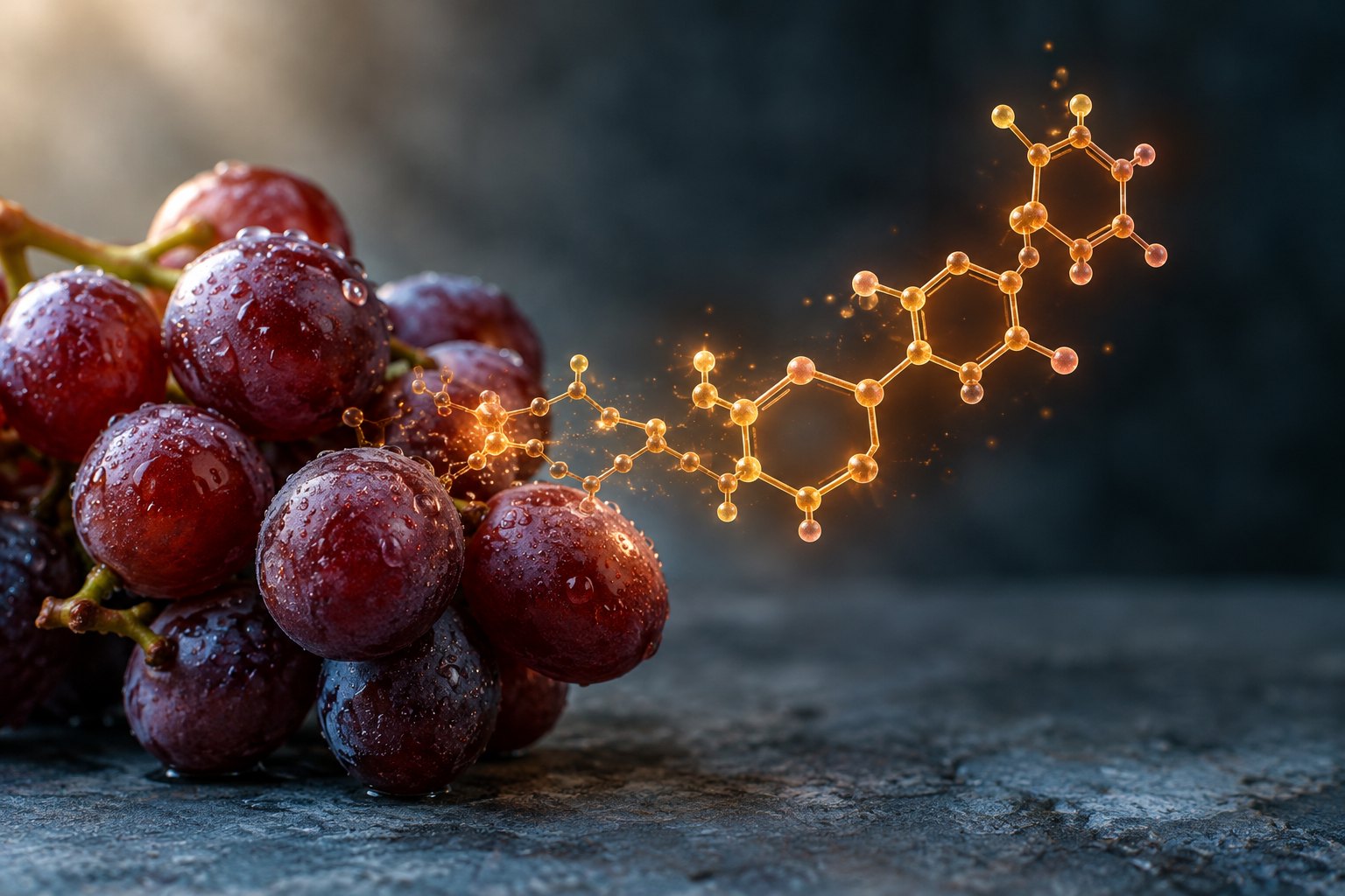 Koyu kırmızı üzüm salkımı ve kabuğundan yükselen ışıldayan resveratrol molekül yapısı