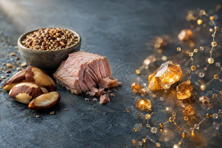 Brezilya cevizi, tahıl ve ton balığı ile yanında süzülen ışıldayan mineral kristalleri